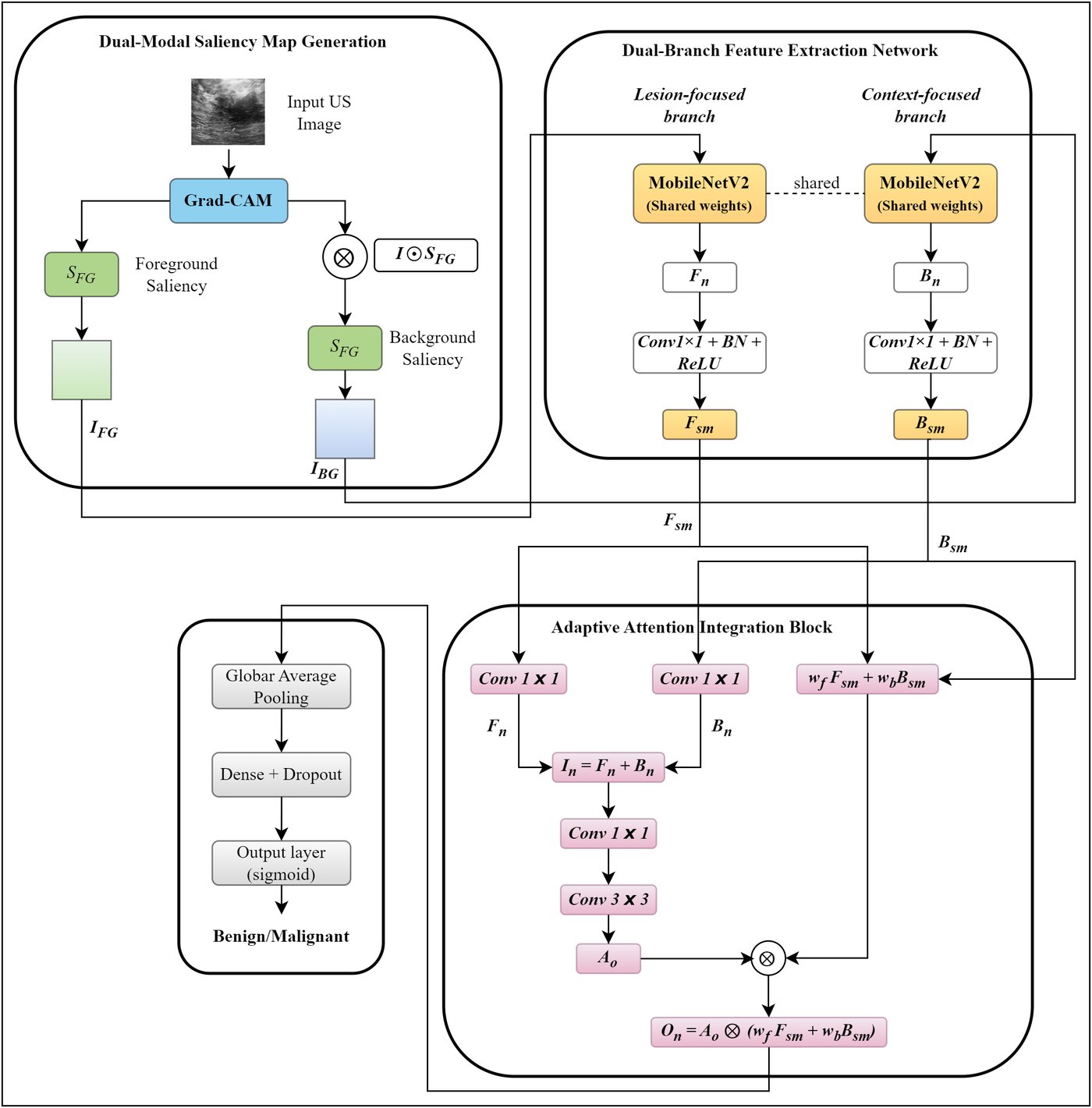 Architecture diagram — Saliency-guided AttentionNet: Dual-branch deep learning for breast ultrasound classification