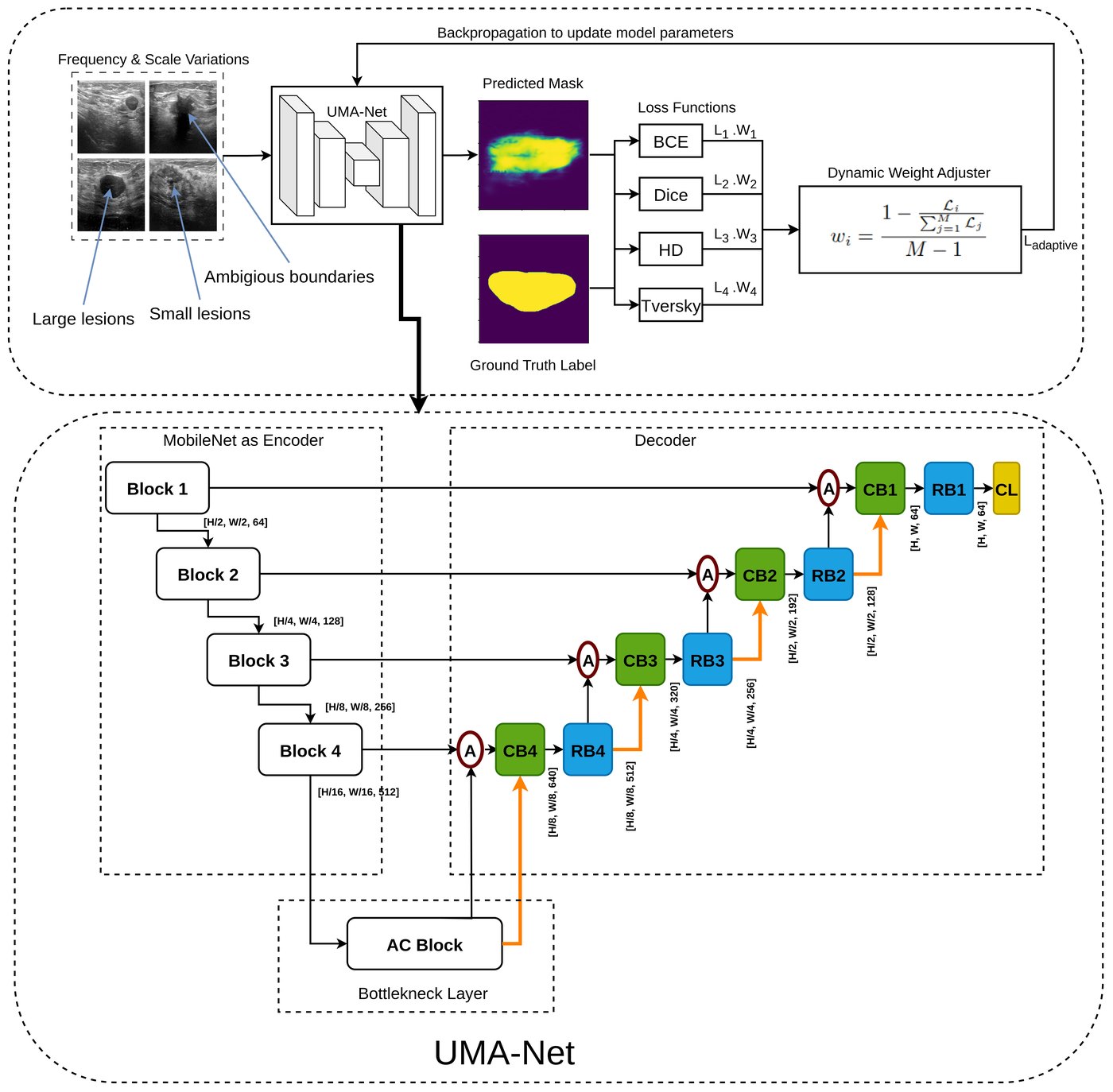 Architecture diagram — Adaptive ensemble loss and multi-scale attention in breast ultrasound segmentation with UMA-Net